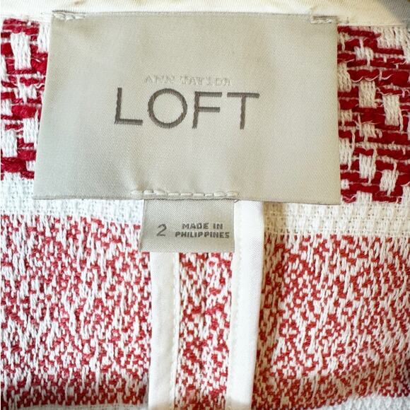 Loft Womens Fringe Tweed Open Front Blazer Jacket Red White Patterned 2 - Picture 4 of 8